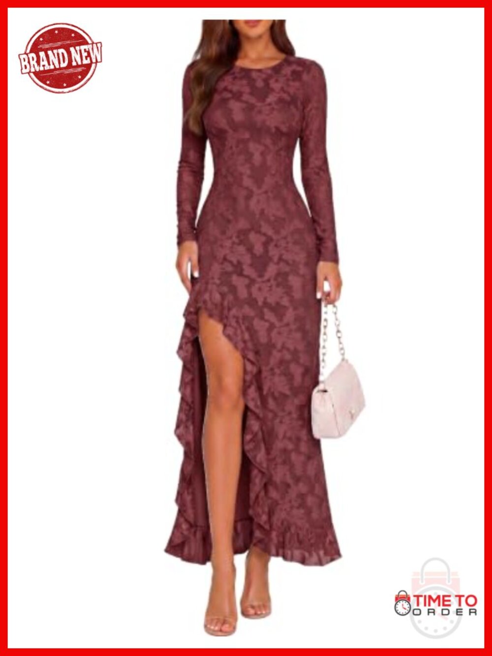 Women's Mesh Long Sleeve Bodycon Maxi Dress High Slit Wedding Guest Dress